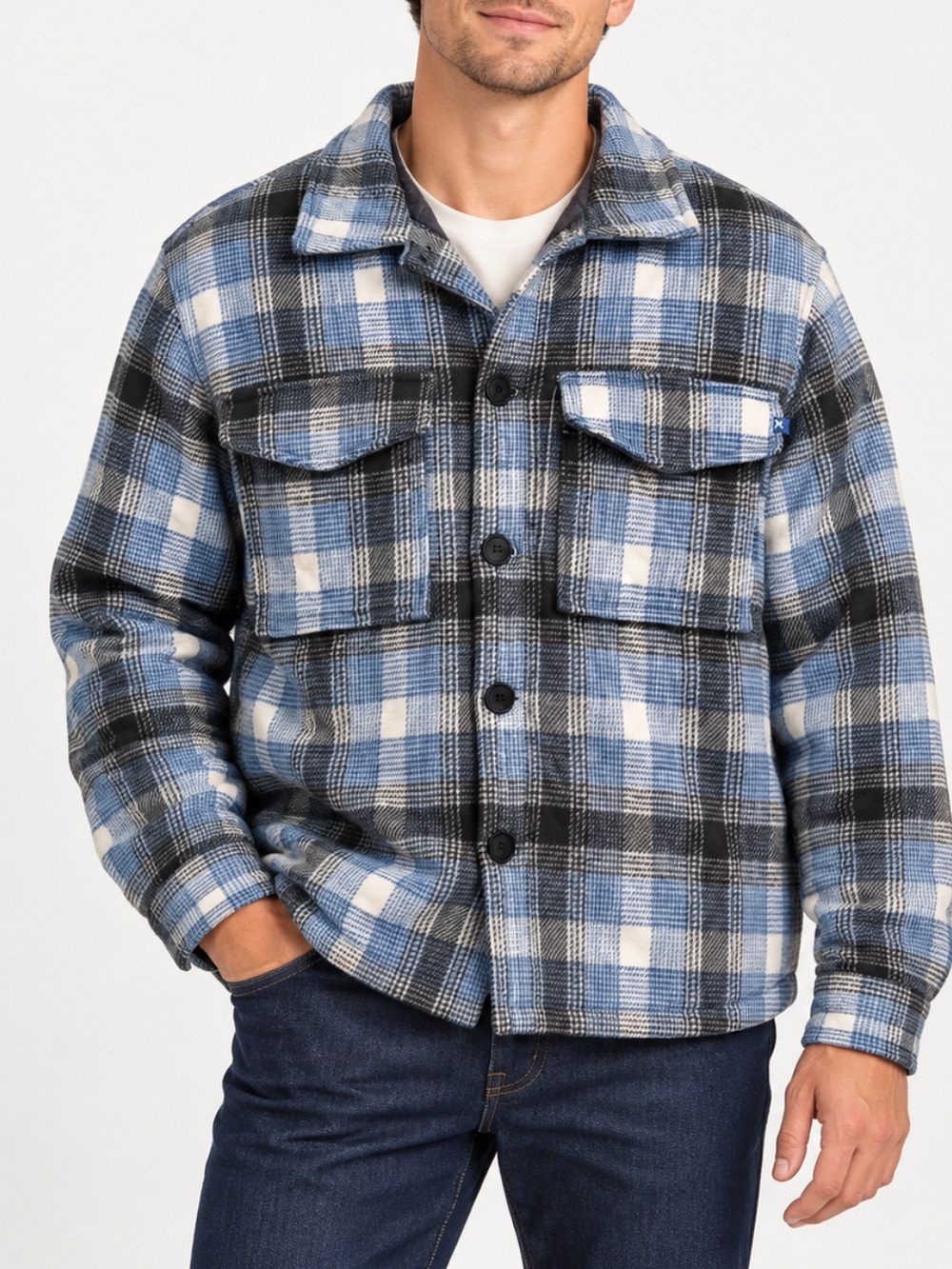 Hurley Men's XL Blue Black Plaid Quilted Lined Shacket Flannel Shirt Jacket